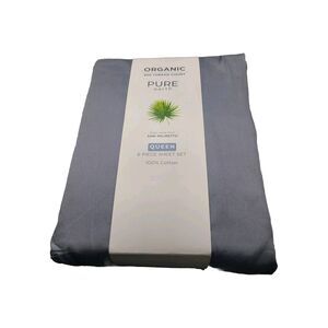 PURE EARTH 100% Organic Cotton QUEEN 6-piece Sheet Set LIGHT GREY MED STONE New